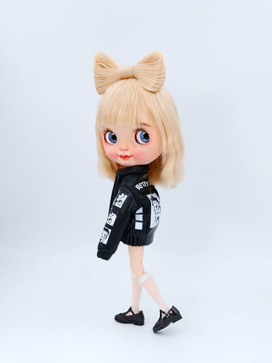 Edgy & Sweet! 1/6 BJD & Blythe Embroidered Faux Leather Jacket– Black