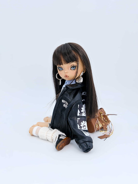 Edgy & Sweet! 1/6 BJD & Blythe Embroidered Faux Leather Jacket– Black