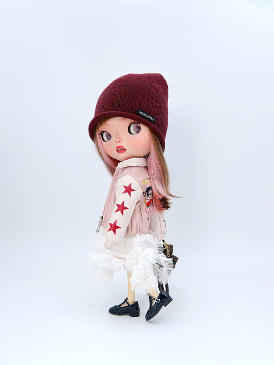 Edgy & Sweet! 1/6 BJD & Blythe Embroidered Faux Leather Jacket– Pink-White