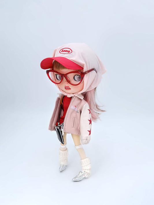 Edgy & Sweet! 1/6 BJD & Blythe Embroidered Faux Leather Jacket– Pink-White