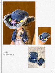 Washed Denim Doll Hat with Boho Bead Charms for 1/6 Bjd & Blythe Dolls