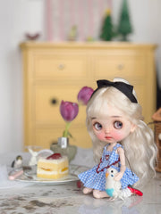 Blueberry Mousse Heart Dress Set--Blueberry mousse main dress+ White lace long socks+Adorable white floppy bunny hair accessory