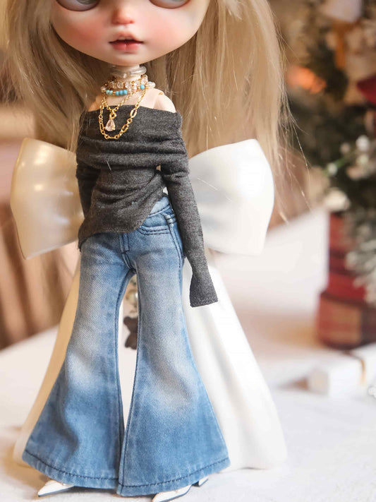 Curvy High-Waist Flared Denim Jeans for BJD & Blythe