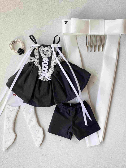 Black Choco Crunch Dress Gift Set - Embroidered Heart Dress + Lace Stockings + Black Rose Choker