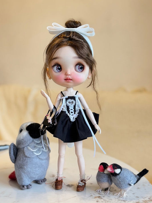 Black Choco Crunch Dress Gift Set - Embroidered Heart Dress + Lace Stockings + Black Rose Choker