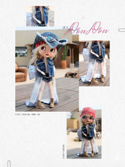 Washed Denim Doll Outfit – Pearl Vest & Frayed Shorts for BJD, Blythe dolls